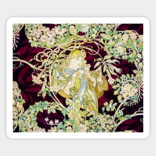 Woman with Daisy Among Flowers ,Wild Roses,Floral Swirls Art Nouveau Portrait Magnet